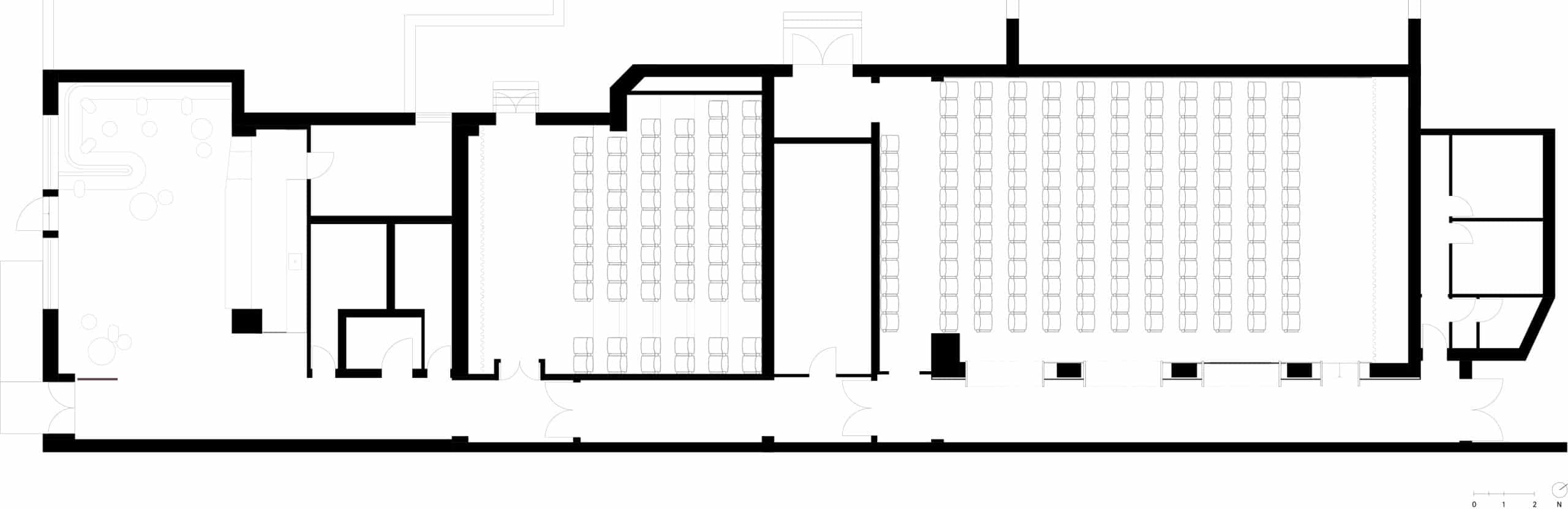 Grundriss des Kino Blauer Stern: Alles in der Achse. Vom Foyer in den Korridor zum ersten kleinen Saal weiter in den großen Saal. Plan: © & Courtesy BATEK Architekten Berlin.